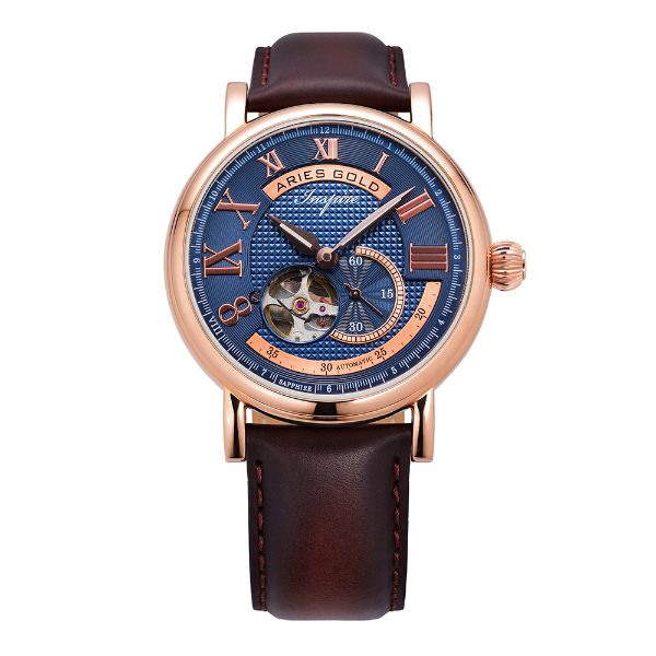 ARIES GOLD AUTOMATIC INSPIRE GAUNTLET VINTAGE ROSE GOLD STAINLESS STEEL G 903 RG-BU BROWN LEATHER STRAP MEN'S WATCH